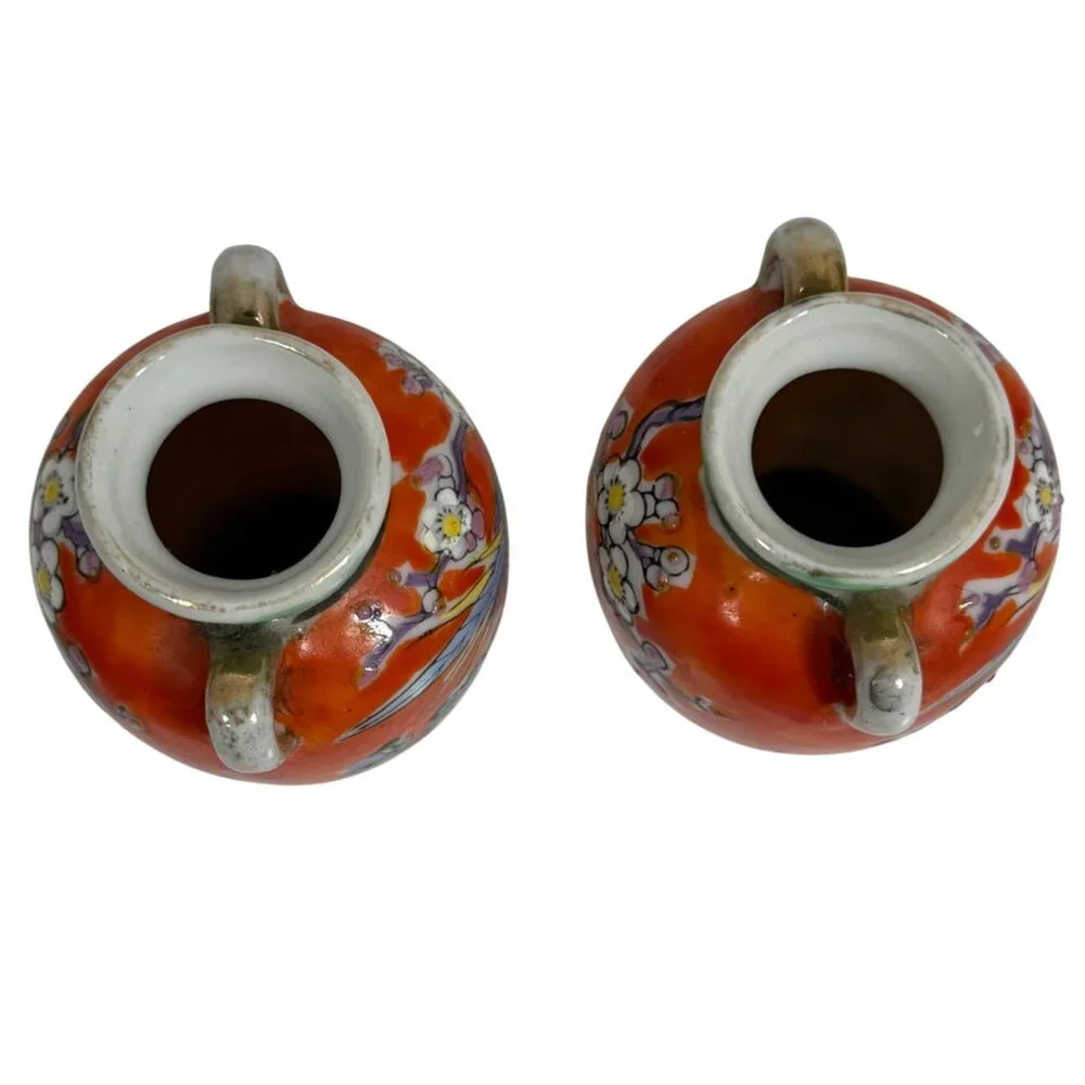 TWO Vintage Gold Castle Chikusa Hand-Painted Vases Flowers Birds Made In Japan
